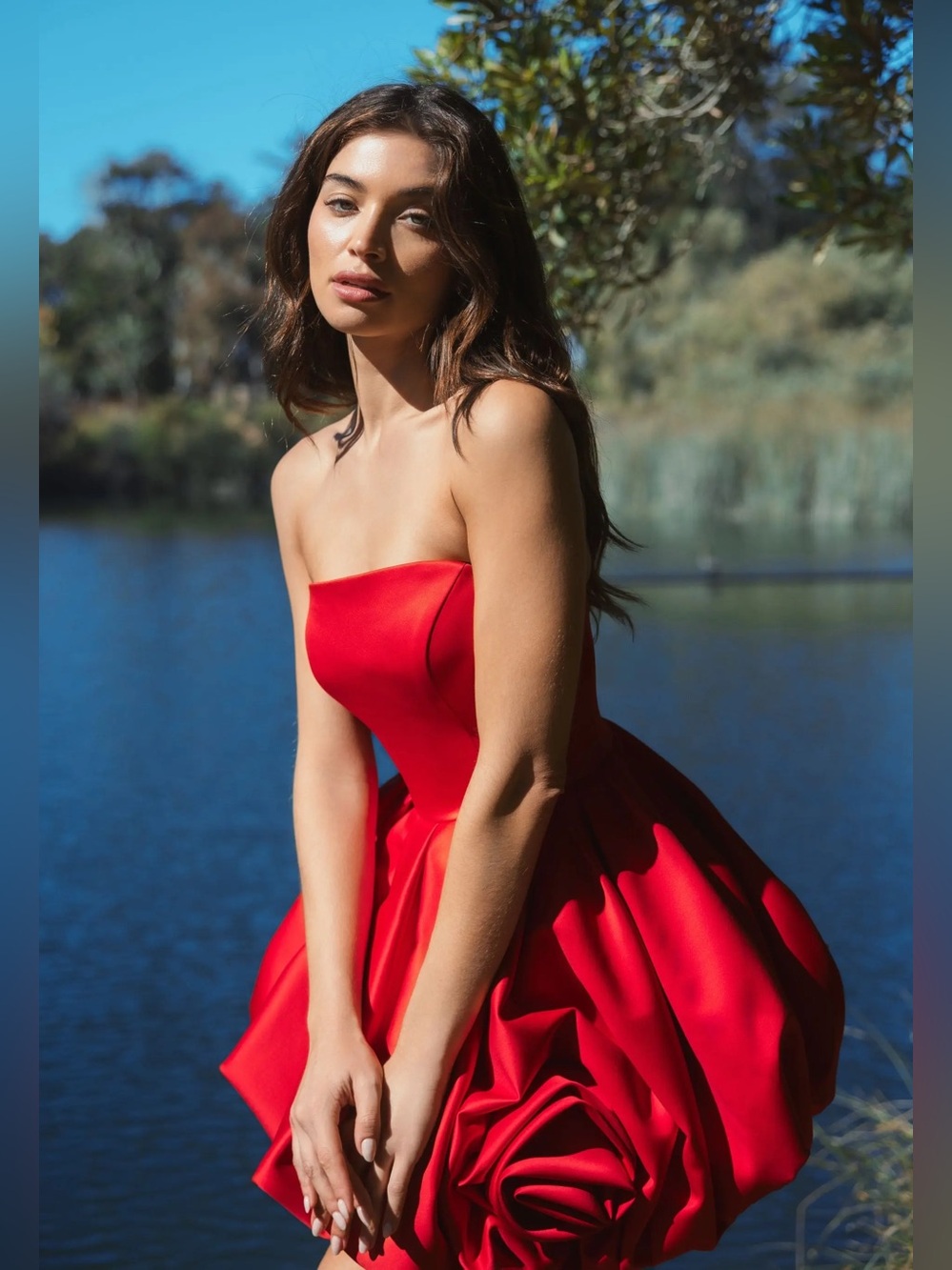 Mac Duggal by Ieena Red Strapless Mini Dress With 3D Rosette 20705